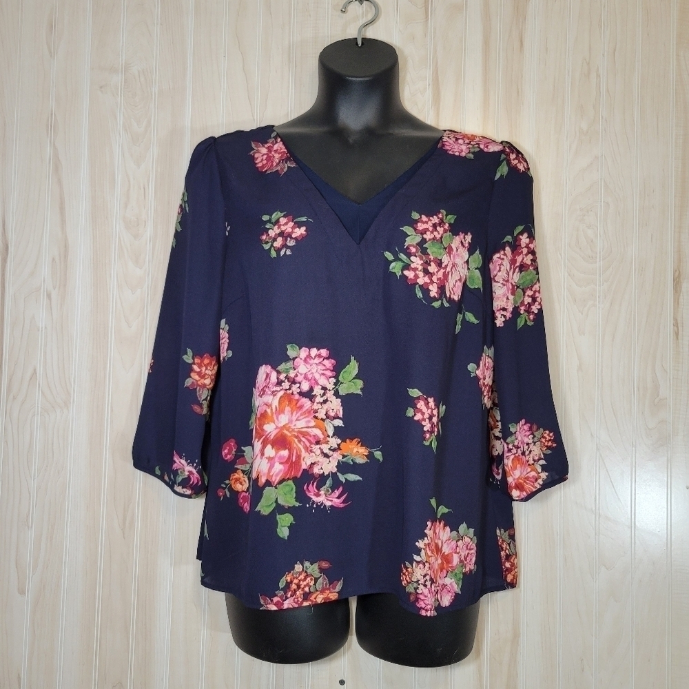 Skies Are Blue Navy & Floral Blouse Top Sz XL